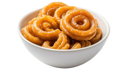 Fototapeta premium Top view of an extremely perfect looking Jalebi in a dark plate isolated on a white transparent background
