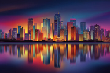 Fototapeta premium Colorful skyline showcases tall buildings reflecting in still water. Urban setting filled with bright lights creates a lively atmosphere. Concept of architecture, city life, nightlife