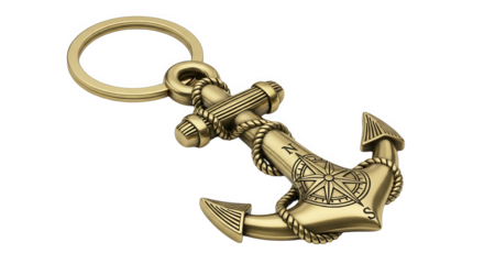 Detailed golden anchor keychain featuring nautical rope and compass rose on a plain backdrop.