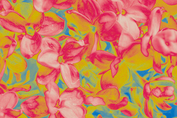 Bright pink, yellow, and blue digitally processed orchid-like flowers form an abstract floral pattern with vivid pop-art tones