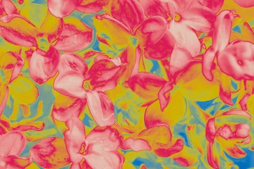 Fototapete Bright pink, yellow, and blue digitally processed orchid-like flowers form an abstract floral pattern with vivid pop-art tones © Yevhenii Khil