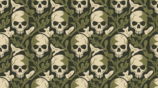 Seamless flat vector pattern with stylized skulls in abstract organic camouflage shapes