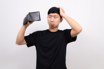 Poor asian man black shirt hold wallet feel sad and headache with money isolated
