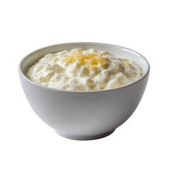 A bowl of creamy cottage cheese, topped with a sprinkle of salt. The texture is smooth and inviting, perfect for a healthy snack or meal option.
