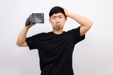 Poor asian man black shirt hold wallet feel sad and headache with money isolated