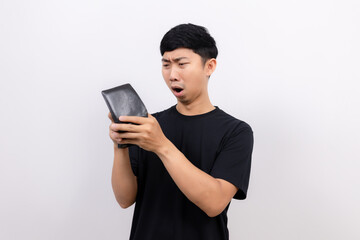 Poor asian man feel shock about no money in his wallet isolated