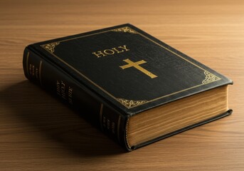 Holy bible with a cross on a wooden surface