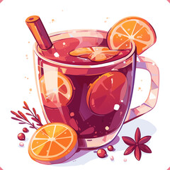 Vector illustration of mulled wine with orange slices, cinnamon and spices, on white background. Vector illustration of winter beverage on white background