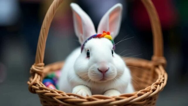 White rabbit with rainbow bandana in wicker basket chewing