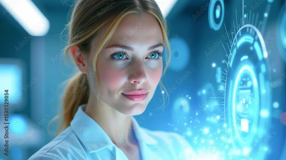 Poster woman in a lab coat interacting with a futuristic holographic interface in a high-tech environment