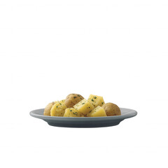 A delicious arrangement of boiled potatoes garnished with herbs on a plate, presented against a white isolate background.