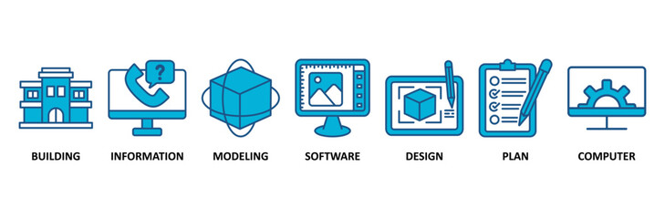 BIM banner web icon vector illustration concept for building information modeling with icon of building, information, modeling, software, design, plan, and computer