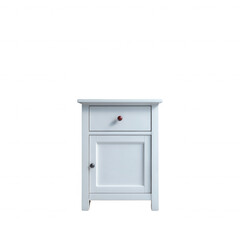 A minimalist white nightstand featuring a drawer and a cabinet. Ideal for contemporary interior designs.