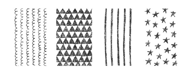 Hand drawn crayon textures vector pattern set. Childish freehand scribble and shapes background. Collection of design elements wavy lines, stars, stripes and triangles