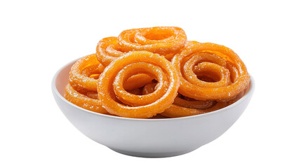 Fototapeta premium Top view of an extremely perfect looking Jalebi in a dark plate isolated on a white transparent background