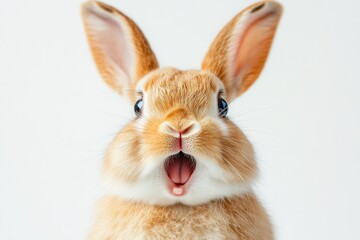 Obraz premium A Cute Brown Rabbit Expressing Surprise with Open Mouth, Against a Bright White Background, Ideal for Animal Lovers and Children’s Illustrations