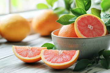 Grapefruits in the bowl and grapefruit slice on the table beside the window