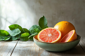 Grapefruits in the bowl and grapefruit slice on the table.