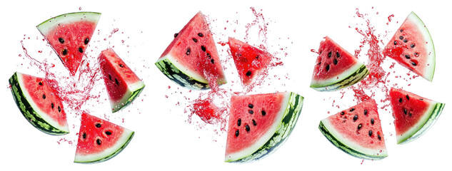 PNG Exploding juicy watermelon slices, element set on transparent background