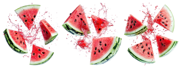 PNG Exploding juicy watermelon slices, element set on transparent background