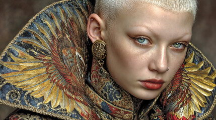 Regal Fashion Portrait with Ornate Embroidered Collar