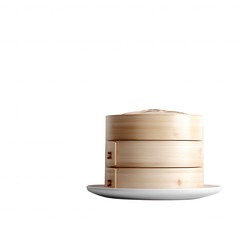 A stack of bamboo steamers on a white plate, showcasing traditional Asian cooking methods for dim sum and dumplings, ideal for culinary presentations and food-related projects.