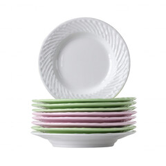 A stack of colorful ceramic plates in pastel colors, featuring a white ornate design, isolated on a white background, perfect for dining and kitchen decor.