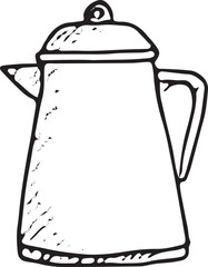 Hand-drawn sketch of a classic kettle in minimalist black-and-white line art, perfect for modern kitchen settings, ideal for home decor and cooking illustration designs