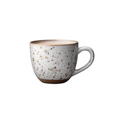 A stylish ceramic cup with a speckled white and gold design, perfect for serving hot beverages. The cup is isolated on a white background, emphasizing its elegant features.