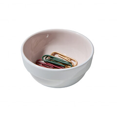A stylish, modern bowl filled with colorful paper clips, isolated on a white background, perfect for office organization and stationery needs.