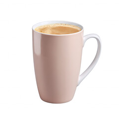 A stylish pink coffee mug filled with a rich, frothy beverage, isolated on a white background, perfect for showcasing warmth and comfort in a modern setting.