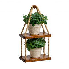 A stylish two-tiered wooden plant stand with lush green plants in decorative pots, perfect for home decor or gardening enthusiasts.