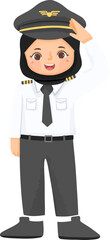 Muslim Girl Pilot: A friendly illustration of a young Muslim girl pilot in uniform, saluting with a smile.  She is wearing a hijab and pilot's cap and uniform.
