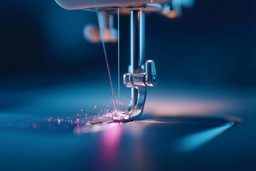 Needle moving swiftly through fabric while sparkling threads create a colorful effect. Bright workshop setting filled with creative energy. Concept of sewing, crafting, home decor