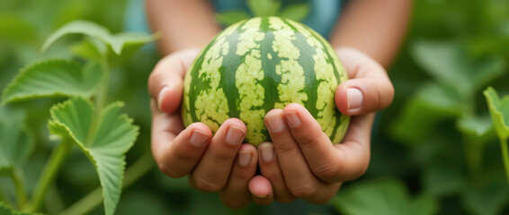 Closeup of child's hands holding small, ripe watermelon with lush green leaves in background. vibrant garden setting highlights freshness and growth of summer fruits