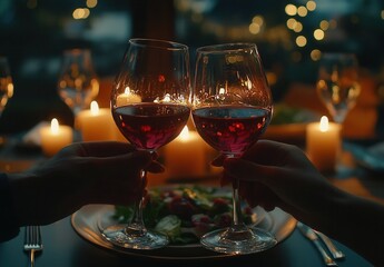 Intimate Evening Dinner Setting with Two People Toasting Red Wine Glasses Surrounded by Candles and a Fresh Salad on the Table