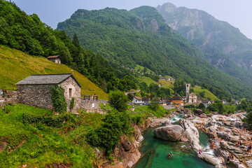 Summer landscape of the Mountain river Verzasca on Verzasca valley, Italian part of Switzerland,...