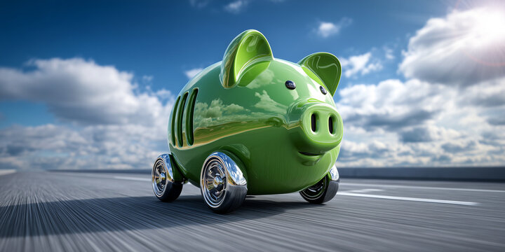 Close-up of car-shaped piggy bank on wheels driving along the asphalt road against a blue sky with clouds. Purchasing new vehicles, costs for car insurance and driving motoring concept. Generative Ai.