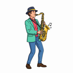 Smiling Male Musician Playing Saxophone Character