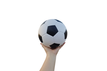 Classic soccer ball in hand PNG transparent.