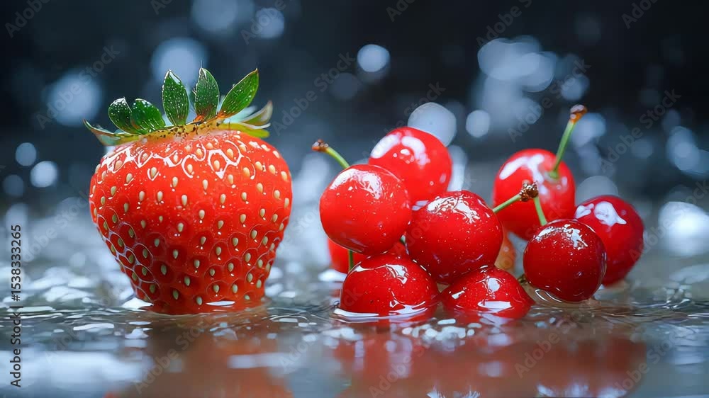 Poster Fresh red strawberries and cherries splashing in water with vivid detail, captured in a dynamic and refreshing macro scene