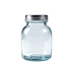 Clear glass jar with a silver lid, perfect for storage and organization, on a white isolated background.