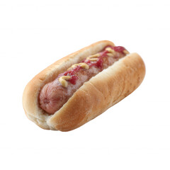 Close-up of a delicious hot dog, perfectly cooked sausage nestled in a soft bun, topped with ketchup and mustard, isolated on a white background.