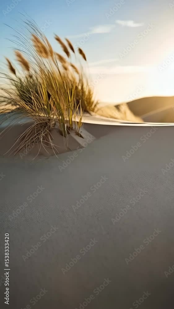 Poster golden dune landscape with dune grass illuminated by sunset sunlight creating soft shadows in a calm