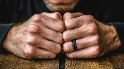 Fototapeta premium A close-up of two clenched fists resting on a wooden table, with a black ring on one finger, conveying tension or determination.