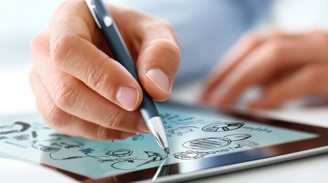 A hand writes on a tablet with a stylus, creating digital notes and sketches on a touchscreen device.