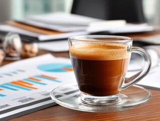 A clear glass cup of coffee sits on a desk with business documents and charts, creating a productive work atmosphere.