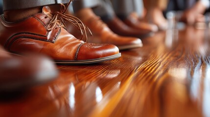 Polished brown leather dress shoes lined up on a shiny wooden floor, suggesting a formal or business setting.