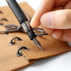 A hand writes with a fountain pen on a brown leather-bound journal with laces.