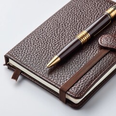 A black and gold pen rests on a closed brown leather notebook with an elastic band on a white surface.